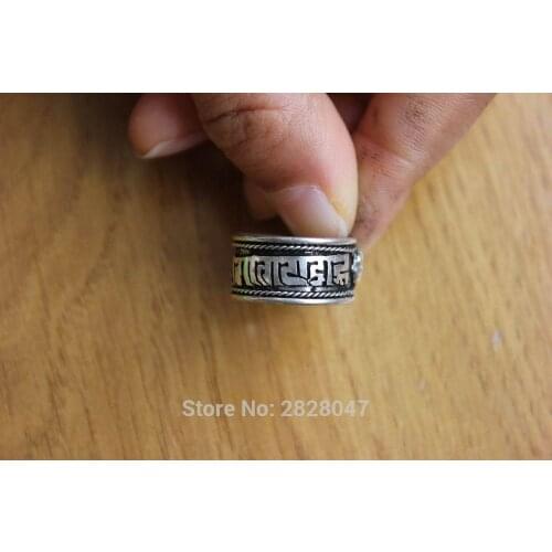 RG314 Ethnic Tibetan Silver Six Words Mantra Dorje 10mm Open Back Ring Vintage Adjustable Ring Handmade Nepal Jewelry
