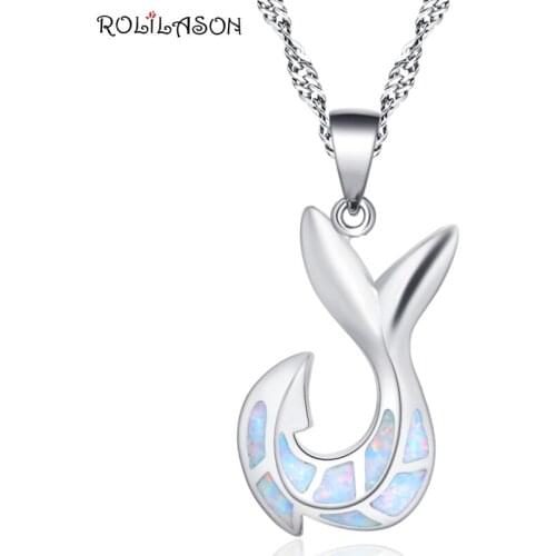 ROLILASON classic fishtail design silver color stamped white opal necklace pendant beautiful gift OP827
