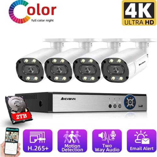 Two way Audio CCTV Camera Security System 4CH 4K POE NVR Kit Outdoor Waterproof Color Night Vison Video Surveillance Camera Set
