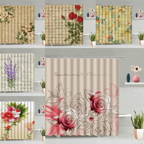 European Retro Flower Shower Curtains Bath Screen Bathroom Decor Rose Lavender Plant Floral Printed Waterproof Fabric Hooks Set