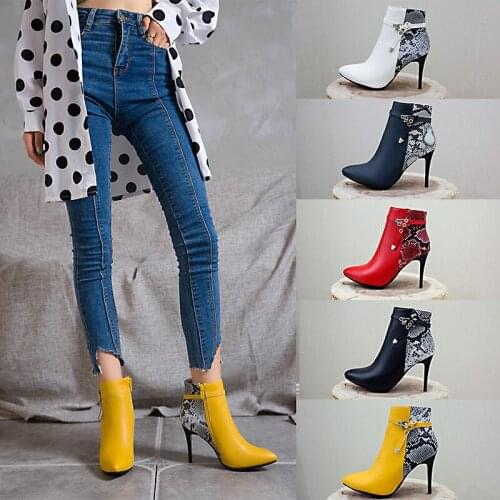 YQBTDL Fashion Yellow Red White Patchwork Snake Print Stiletto High Heel Boots Female Pointed Toe Bucke Ankle Boots Female Shoes