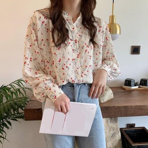 Long Sleeve Women Chiffon Shirt Floral Turn-down Collar Fashion Female Shirts Chic Pockets Ladies Single-breasted Loose Shirts