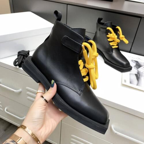 2021 New Autumn Ankle Boots For Woman Square Toe Women Boots Comfort Women Shoes Lace-Up Shoes Woman Fashion Ins Genuine Leather