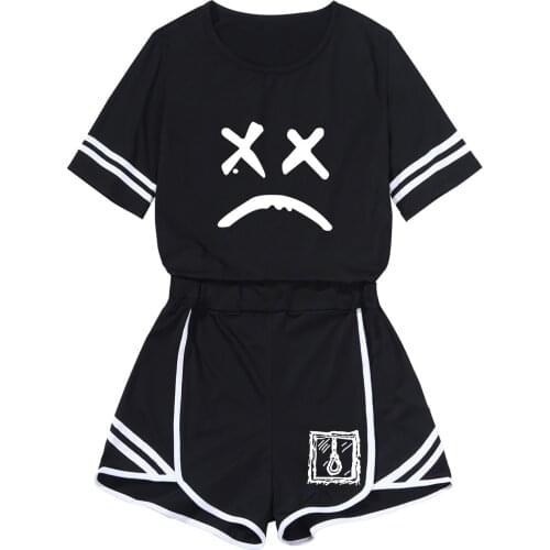 Womens Sets 2019 New Lil Peep T-Shirt Same Paragraph Two-piece Sports Umbilical Suit Womens Casual Slim Shorts
