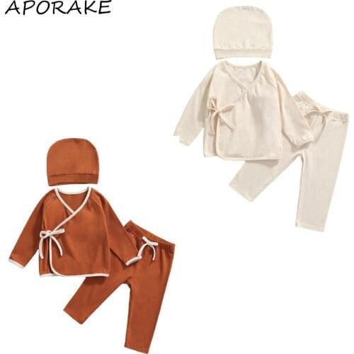 2021 0-18M Baby Infant Tracksuits Solid/Patch V-Neck Long Sleeves Tied Bandage Tops+Pants+Hat Suit Boys Girls Fall Cotton 3pcs