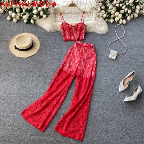 ALPHALMODA 2021 Lace Crop Top Wide Leg Pants Women Holidays Beach 2pcs Suit Ladies High Waist Lace Wide Leg Pants Fashion Set
