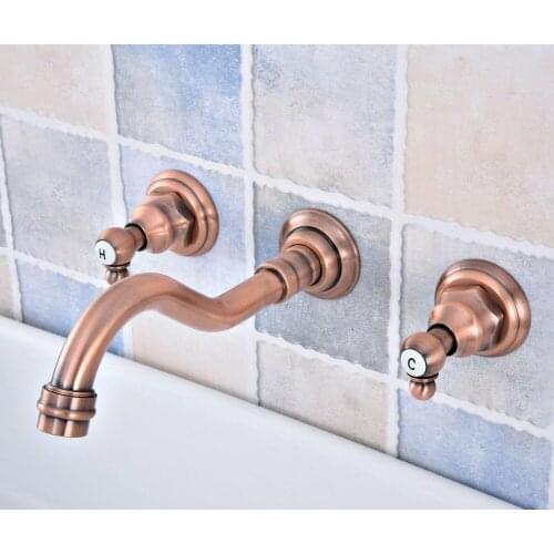 Antique Red Copper Brass Wall Mounted Dual Handles Widespread Bathroom 3 Holes Basin Tub Faucet Mixer Water Taps msf522