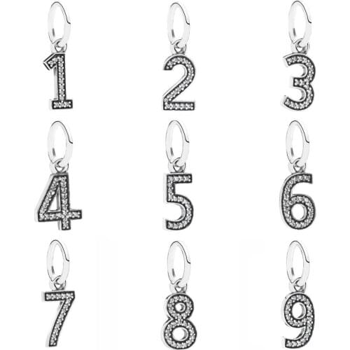 DIY Charm Number 1-9 Dangle Arabic Numbers With Crystal Pendant 925 Sterling Silver Bead Fit Fashion Bracelet Jewelry