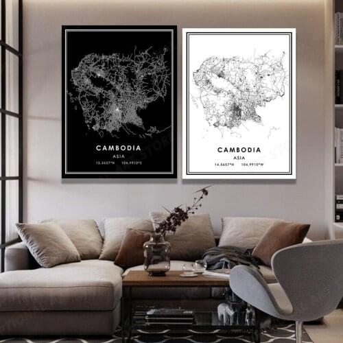 Black And White World City Map CAMBODIA Wall Art Canvas Poster Prints Nordic Style Paintings Picture For Living Room