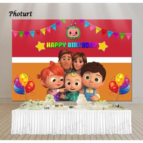 PHOTURT Cocomelon Party Backdrop Kids Birthday Decorate Background Red Balloon Bunting Polyester Vinyl Banner Bedroom Props
