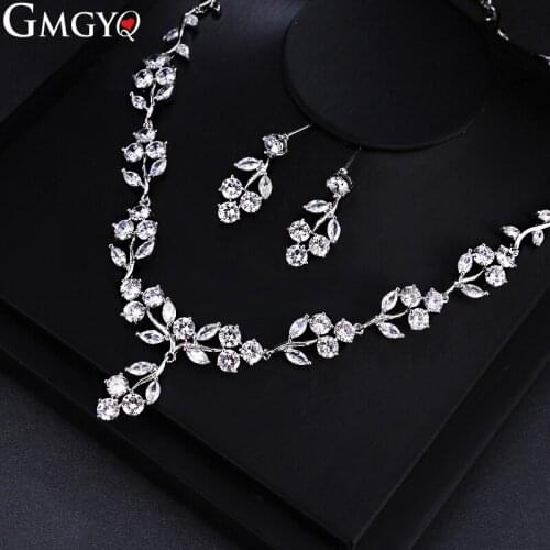 GMGYQ Elegant Flower Earrings Necklaces Jewelry Set Round Zircon Brides Wedding Dress And Gifts From Friends