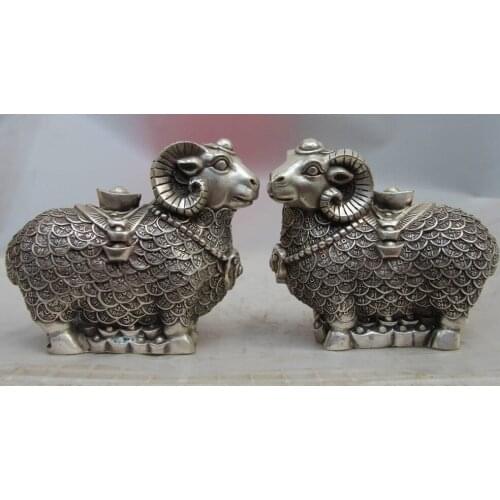 China White Copper Silver Yuan Bao Wealth Money Zodiac Sheep Goat Statue Pair