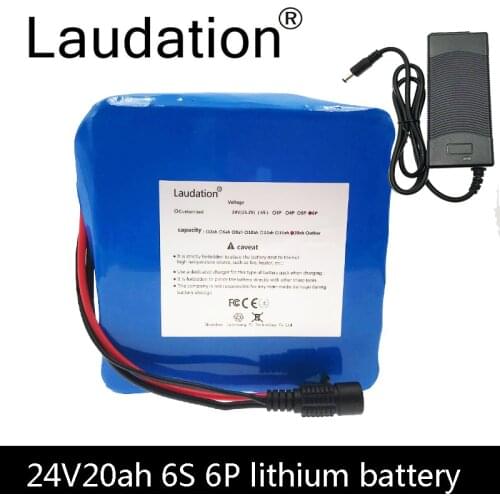 Laudation 24V 20ah Bicycle Battery 24V 25.2V 19200MAH Lithium-Ion Rechargeable Battery 6S 6P 350W E Bicycle 250W With 2A Charger