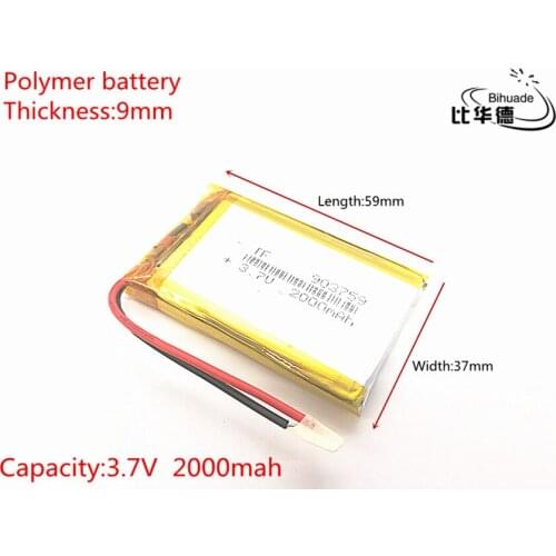 3.7V 2000mAh 903759 Lithium Polymer Li-Po li ion Rechargeable Battery cells For Mp3 MP4 MP5 GPS PSP mobile bluetooth