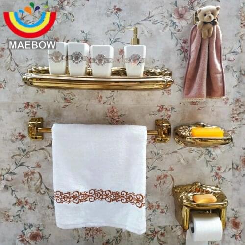 MAEBOW Louxiou Porcelain Golden Bathroom Hardware Set Bath Towel Shelf Toilet Brush Towel Bar Bathroom Accessories Set