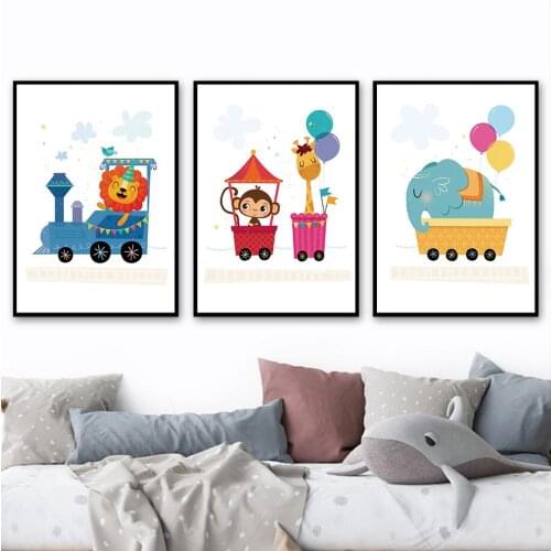 Elephant Lion Giraffe Monkey Bird Train Balloon Wall Art Canvas Painting Nordic Posters And Prints Wall Pictures Kids Room Decor