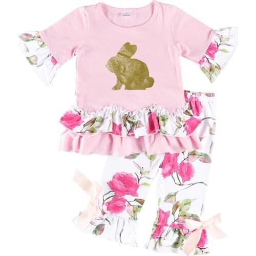 Kaiya Angel Wholesale 3M-8T Children Girls Set for Easter Rabbit Applique Half Sleeve + Floral Pants Kid 2PCS Boutique Outfits
