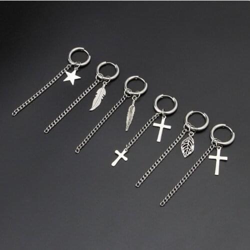 Gothic Stainless Steel Cross Feather Star Leaf Chain Dangle Drop Hoop Earrings