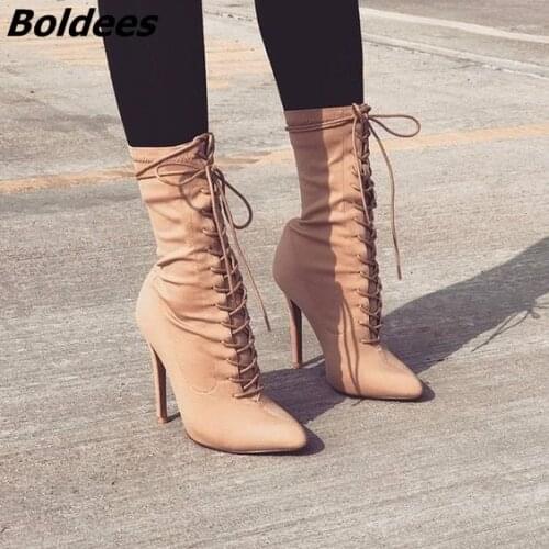 Classy Beige Cross Strap Short Boots Women Sexy Pointy Stiletto Heel Lace Up Ankle Boots Concise Design Fashion Shoes