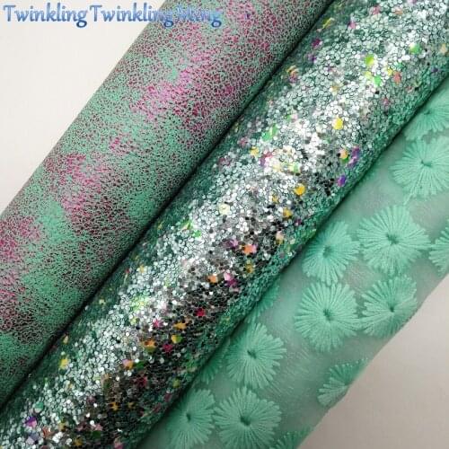 GREEN Glitter Fabric, Metallic Faux Leather Sheets, Net Fabric Sheets For Bow A4 21x29CM Twinkling Ming XM975
