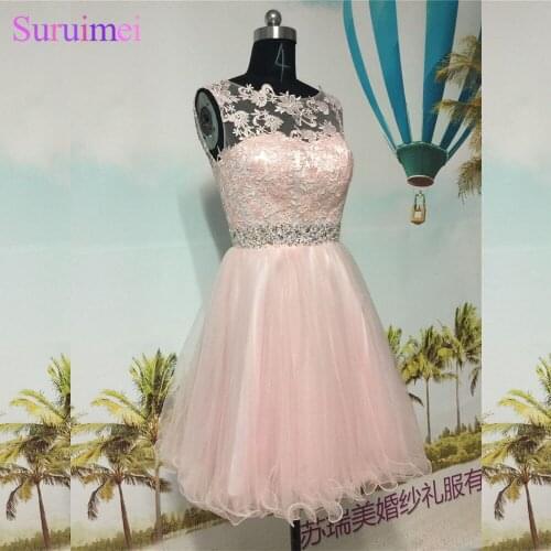 Pearl Pink Short Homecoming Dresses High Neck Tulle Applique Beaded Sash Key Hole Back Blush Pink Graduation Party Gown