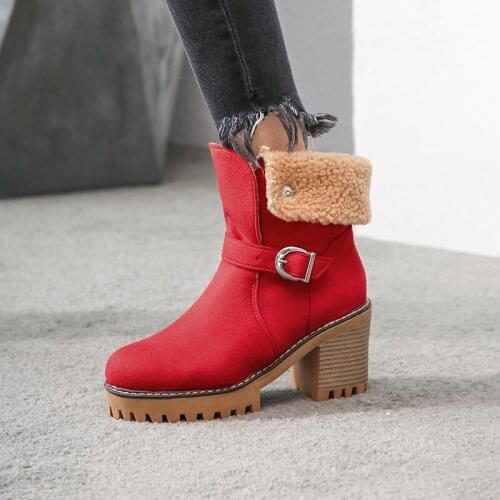 YMECHIC Fashion Warm Winter Block High Heels Ankle Boots for Women Red Green Black Platform Ladies Shoes Suede Punk Woman Bootie