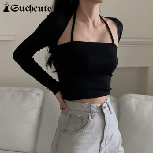 SUCHCUTE Two Pieces Sets Women Gothic Tops Halter Camis With Long Sleeve Black T-Shirts Slim Korean Fashion Streetwear Clothes