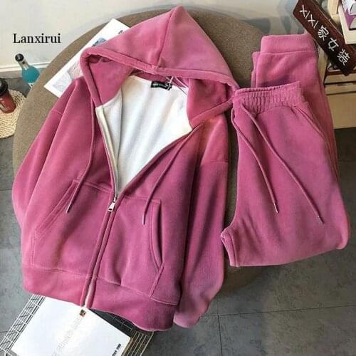 Women Solid Thicken Leisure Sports Warm Fleece Autumn Winter Hooded Sweatshirt Jogging Pants Suits Oversize Tracksuit Sets