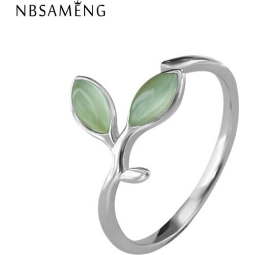 NBSAMENG Handcraft 925 Sterling Silver Ring With Opal Resizable Open Green Leaf Buds Rings for Women Simple Fashion Jewelry Gift