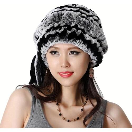 Handmade Winter Ladies' Real Natural Rex Rabbit Fur Skullies Beanies Hats Women Fur Warm Hats Caps VF0483