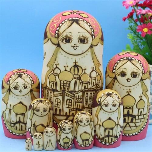 10pcs Carved Russian Doll Pagodas Style Real Dry Basswood Matryoshka Doll 10 Layer Wooden Handmade Education Toys L30