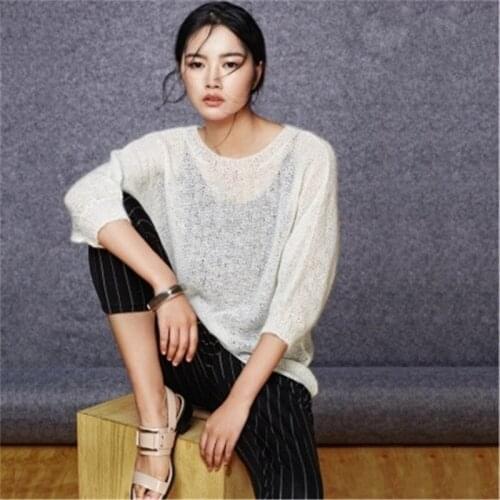 100% hand made wool thin knit women Oneck hollow out pullover sweater 3quarter sleeve retail wholesale customized