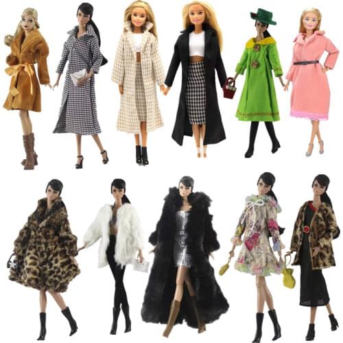 11.5" Fashion Parka Style Winter Princess Outfits for Barbie Doll Clothes Houndstooth Plaid Jacket Fur Coat 1/6 BJD Accessories