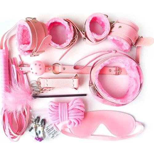 Alternative Sex Erotic Toys 10 pcs/set Adult Games Sex Bondage Restraint Set Handcuffs Nipple Clamp Whip Soft Collar for Couples