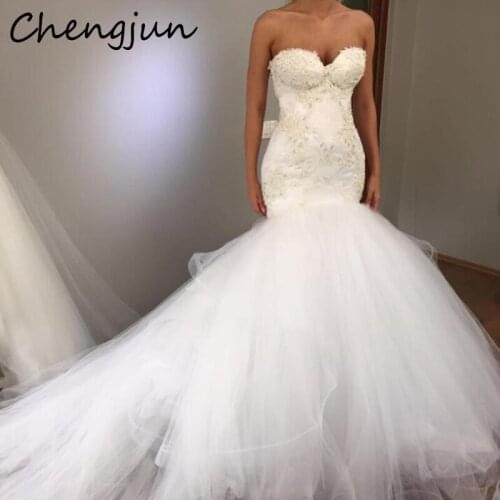 Chengjun White Tulle Sexy Sweetheart Mermaid Wedding Gowns 2019 For Bride