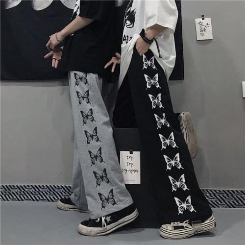 Summer New Butterfly Print Pants Harajuku Retro Loose Large Size Men And Women The Same Casual Wide-Leg Trousers Ulzzang