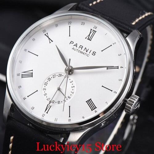 PARNIS Mechanical Men Watch Date Indicator 42mm Round Wristwatch 24 Hours Function White Dial Silver Color Hands Leather Strap