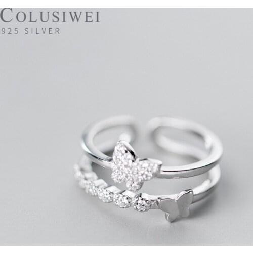 COLUSIWEI Shiny Clear CZ Butterfly Double Layer Rings for Women Real 925 Sterling Silver Adjustable Free Size Ring Fine Jewelry