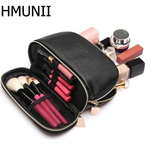 HMUNII Travel Necessarie Toiletry Wash Storage Makeup Bag Beauty Organizer Cases Womens PU Leather Waterproof Cosmetic Bag