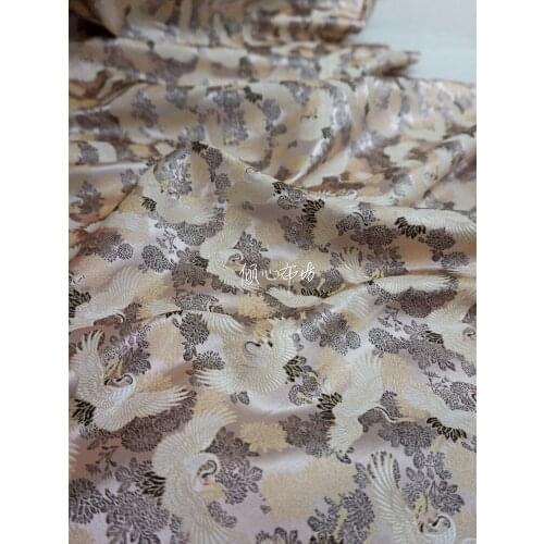 Chinese Classics Brocade jacquard Satin Crane light Brown silk fabric Satin de soie Satén шелк hanfu cloth DIY patchworkbag
