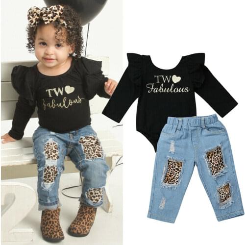 2PCS Toddler Kids Baby Girl Clothes Sets 1-6Y Letter Long Sleeve Ruffle Romper+Denim Pants Winter Outfits Clothes