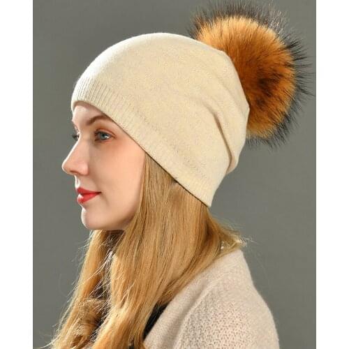 MAOMAOFUR Women Beanies Raccoon Fur Pom Poms Wool Hat Adult Warm Knitted Fashion Ladies Multicolor Fur Pompon Cap Winter Hats
