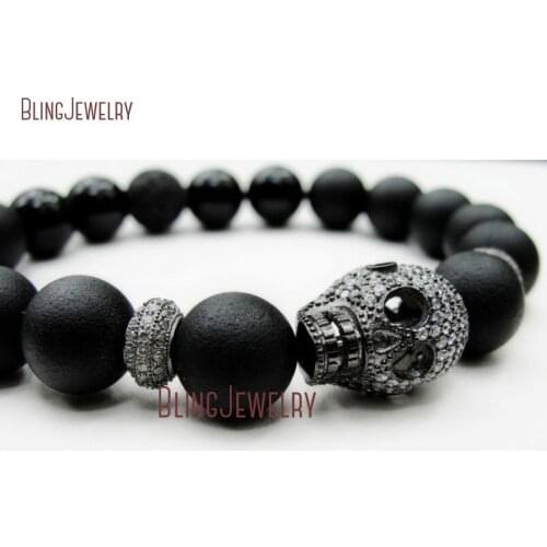 Matte Onyx Beads Stretch Bracelets Gunblack Pave CZ Skull Bracelets BM22733