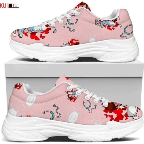 KUILIU Fashion Nurse Cartoon Pink Women Increasing Flats Platform Shoes Casual Lady Breathable Mesh Sneaker Paris Brand Designer