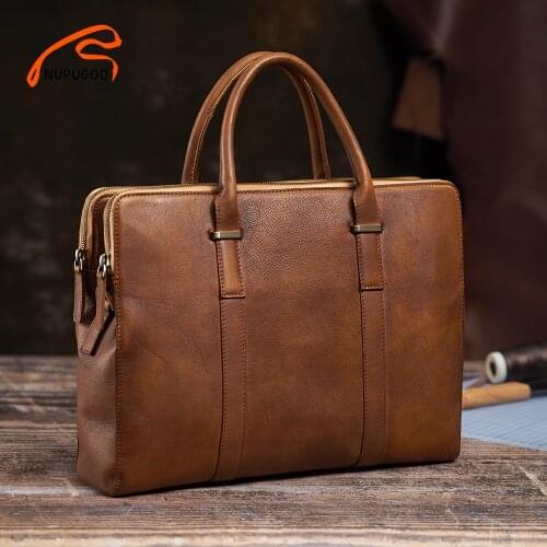 NUPUGOO Vintage Briefcase Men Handbag Shoulder Genuine Leather Casual Brown Business High Quality Crossbody Laptop Office Bag