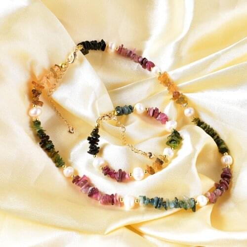 Original Design Natural Tourmaline with Freshwater Pearls Round Necklace Mothers Day Gift Women Vintage Jewelry Choker Necklace