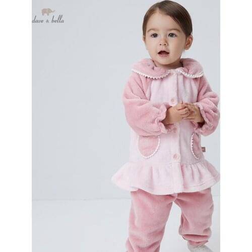 DBM19644 dave bella winter baby girls fashion patchwork pockets pajamas newborn baby underwear casual sleepwear 2 pcs suit