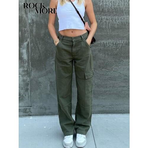 Rockmore Green Vintage Baggy Jeans Womens Pockets Wide Leg Cargo Pants Streetwear Casual Y2K Low Waist Denim Straight Trouser