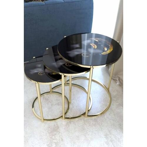 Arapkızı Patterned Glass Gold Pedestal Zigon Coffee Table Pad wohnzimmertisch طاولة غرفة معيشة столик из стекла