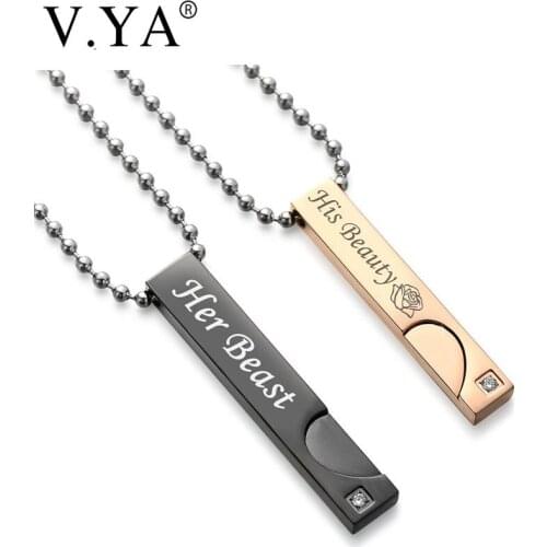 V.Ya Drop Shipping Unique Gifts for Lover "His Beauty""Her Beast" Couple Necklace Stainless Steel Necklaces Women Men Jewelries